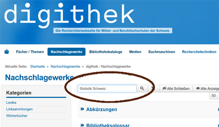 Auswahl Suchfeld auf digithek.ch